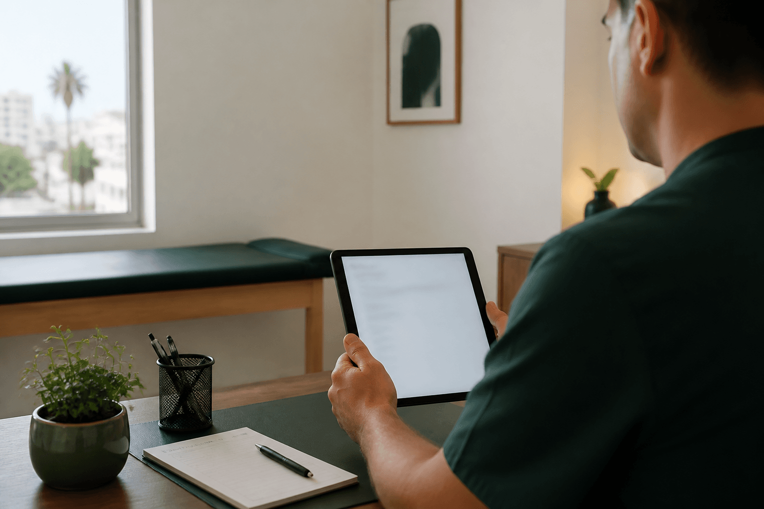 Médecin consultant une tablette dans son cabinet